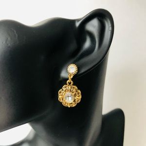 1928 Crystal Filigree Dangle Gold  Earrings